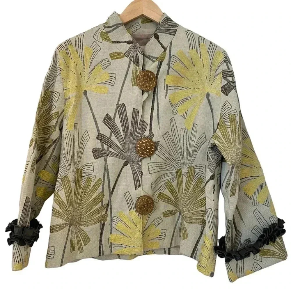 Caroline Rose Womens Yellow Flower Print Jacket
